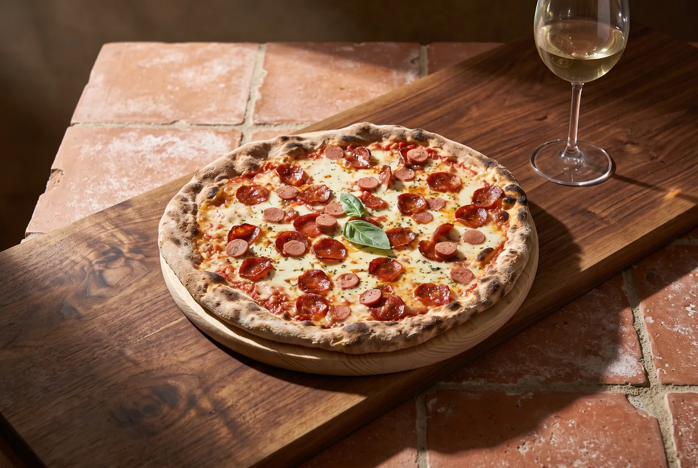Pizza sobre terracota y madera: foto real hecha en Fundido.